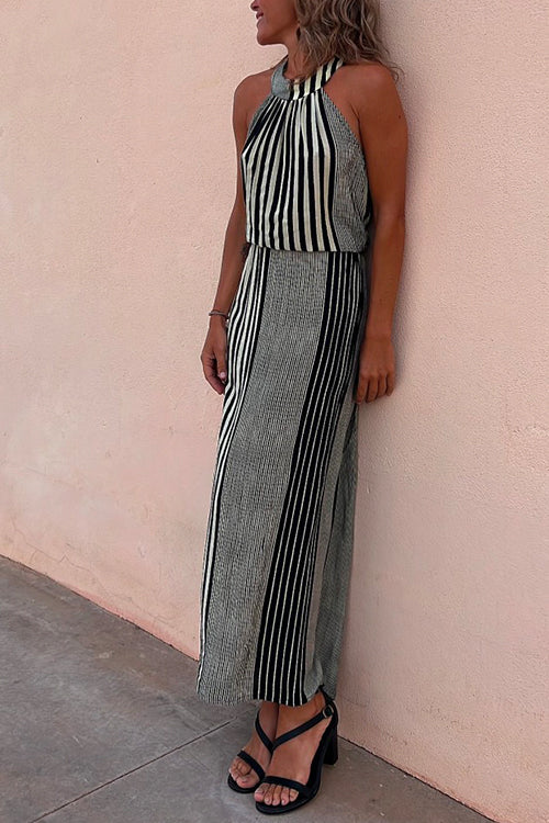 Halter Sleeveless Waisted Striped Maxi Dress