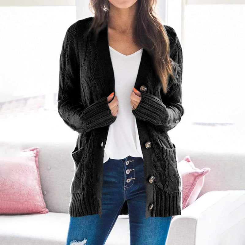 Loose Cable Button Solid Sweater Cardigan with Pockets