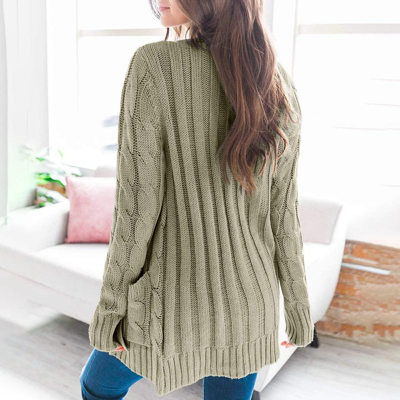 Loose Cable Button Solid Sweater Cardigan with Pockets