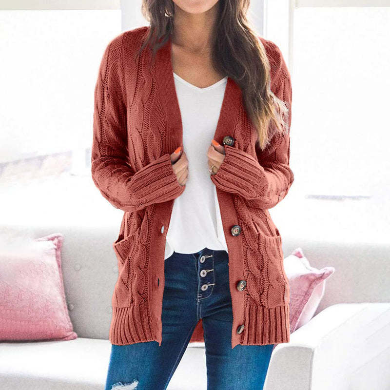 Loose Cable Button Solid Sweater Cardigan with Pockets