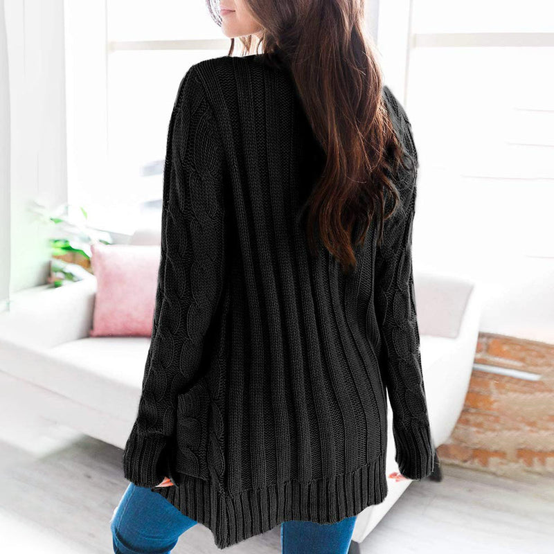 Loose Cable Button Solid Sweater Cardigan with Pockets