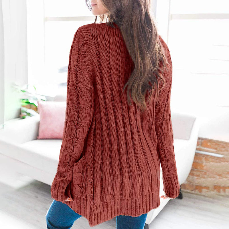 Loose Cable Button Solid Sweater Cardigan with Pockets