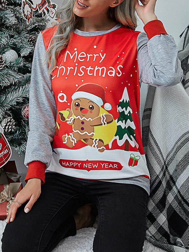 Christmas Print Splicing Long Sleeve T-shirt