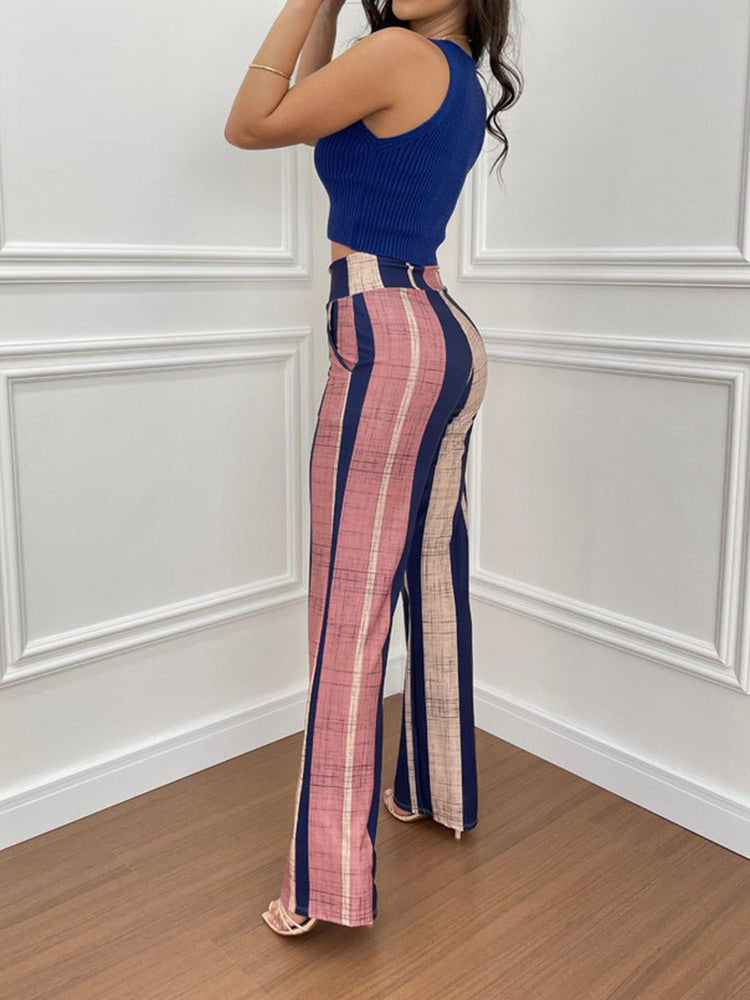 Women's Sets Sleeveless Vest Striped High Waist Pants Two-Piece Set