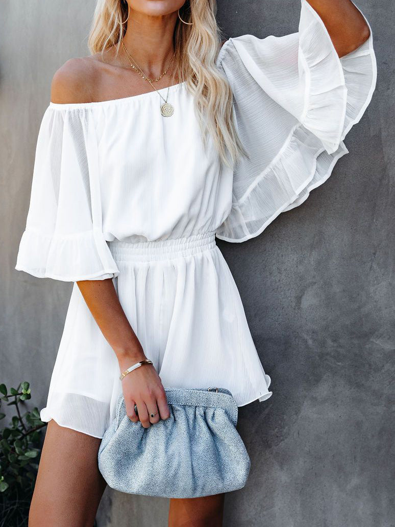 Women's Jumpsuits One-Shoulder Short Sleeve Solid Chiffon Jumpsuit