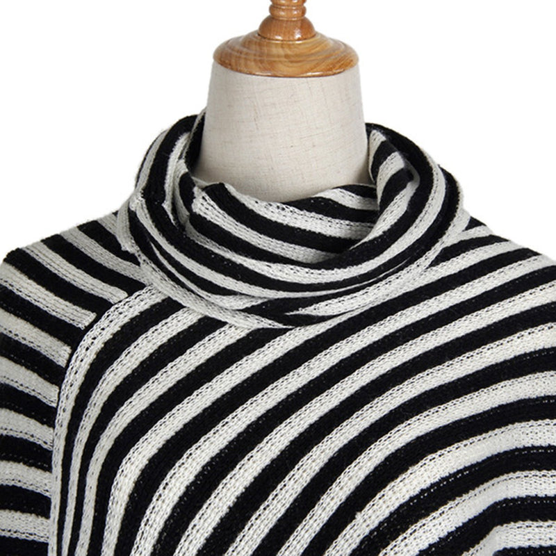 Striped Cape With Turtleneck Knitted Pullover