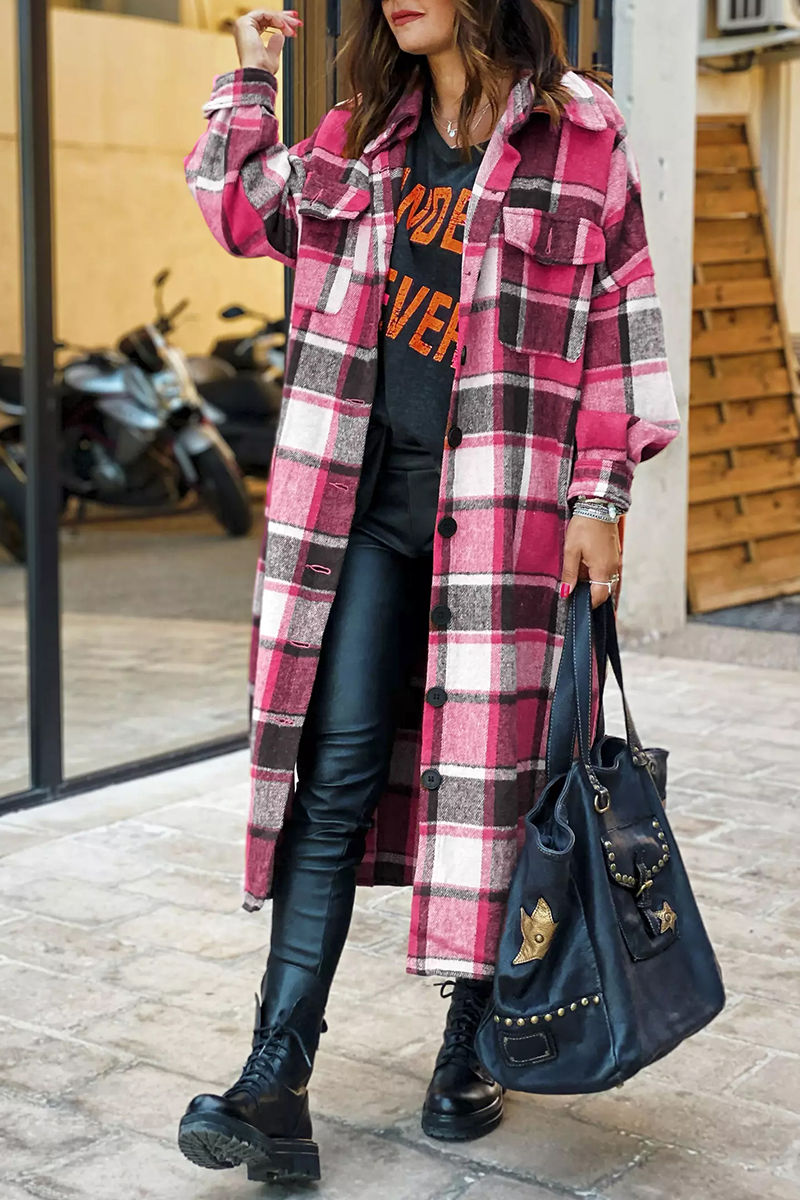 Lapel Plaid Print Woolen Long Coat