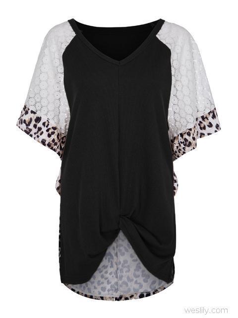 Leopard Print Lace Patchwork Sleeve Blouse