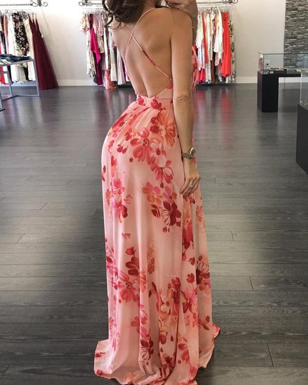 Floral Print Pleated Backless Slip Maxi Dress