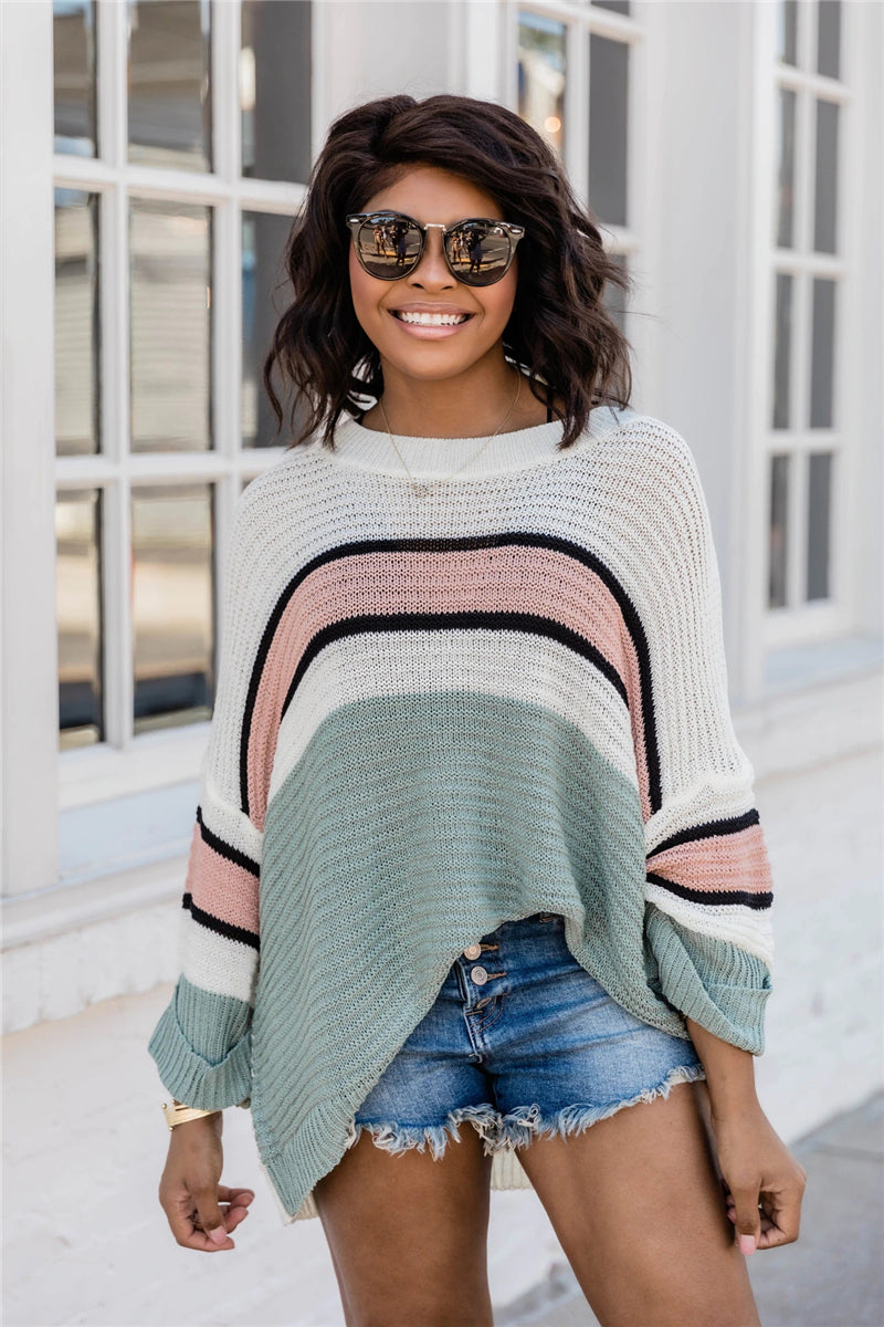 Crew Neck Loose Casual Color Knitted Sweater