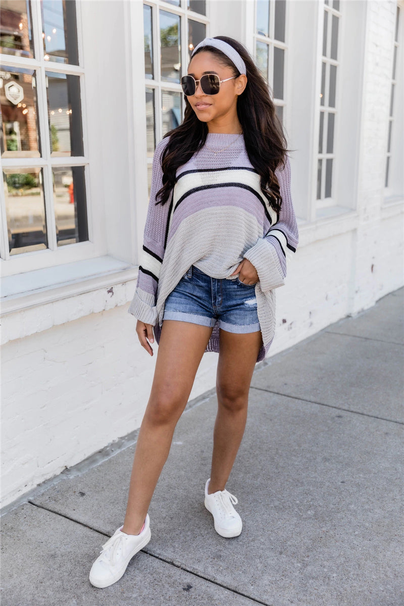 Crew Neck Loose Casual Color Knitted Sweater