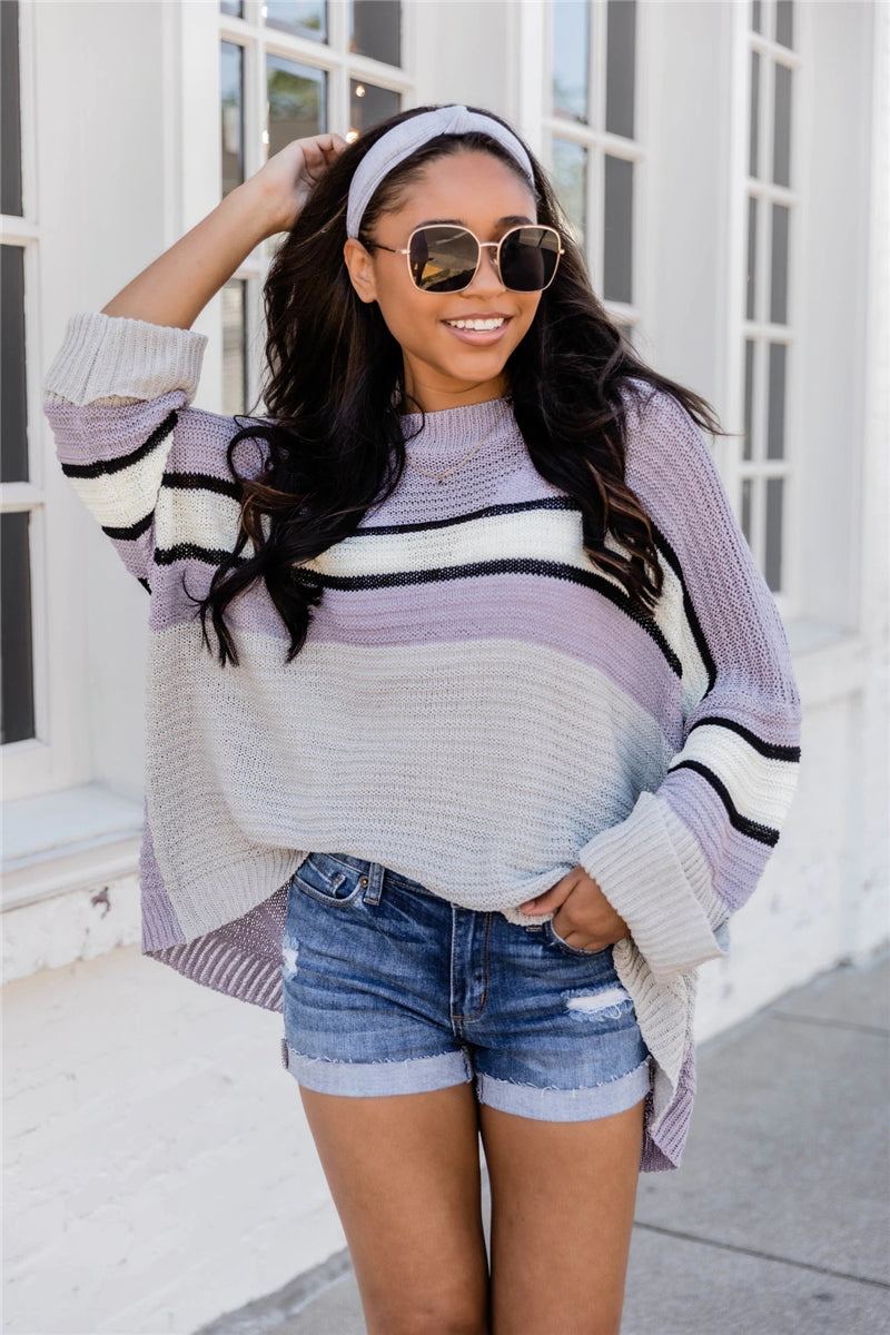 Crew Neck Loose Casual Color Knitted Sweater