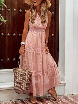 V Neck Chiffon Backless Boho Long Maxi Dresses