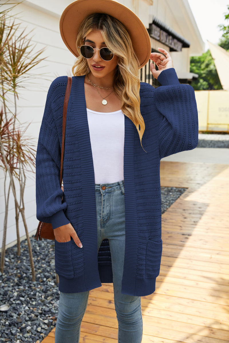 Open Front Pocketed Long Sleeve Knitted Solid Cardigan