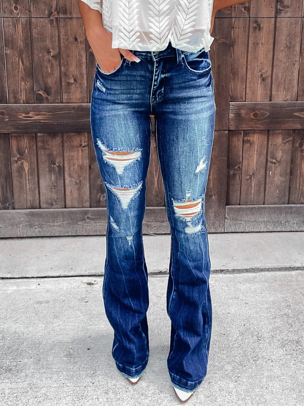 Destroyed High Waist Zip Up Jean Pants