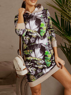 Casual 3/4 Sleeve Floral Hoodie Mini Sweatshirt Dress