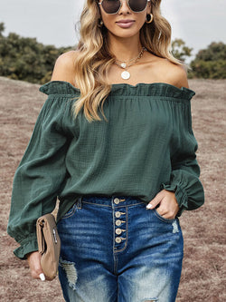 Off Shoulder Long Sleeve Ruffle Hem Crop Blouse Top