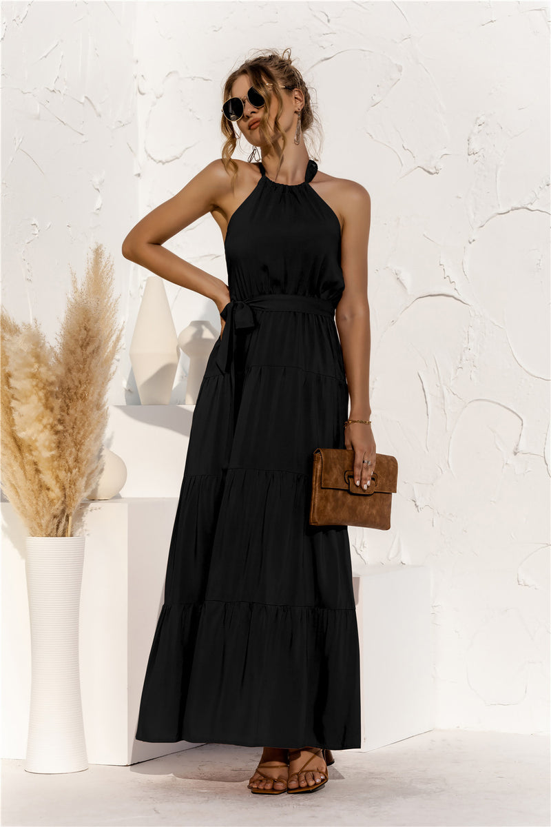 Tie Waist Round-Neck Spaghetti Strap Backless Maxi Dress