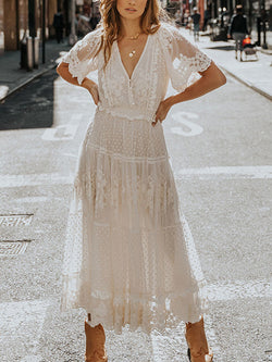 Chiffon Lace Short Sleeve Boho V Neck Maxi Dress