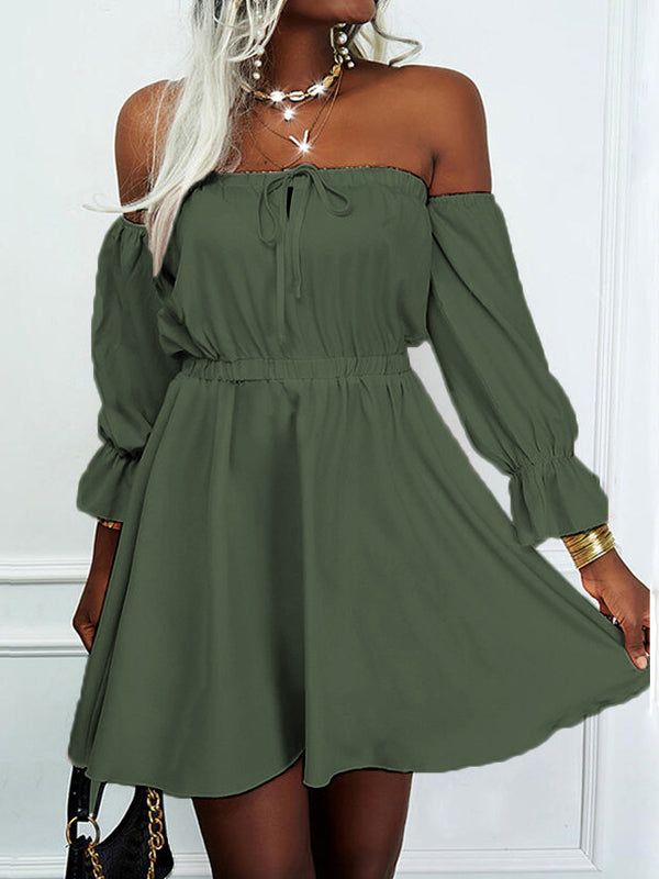 Off Shoulder Long Sleeve Elastic Waist Mini Dress