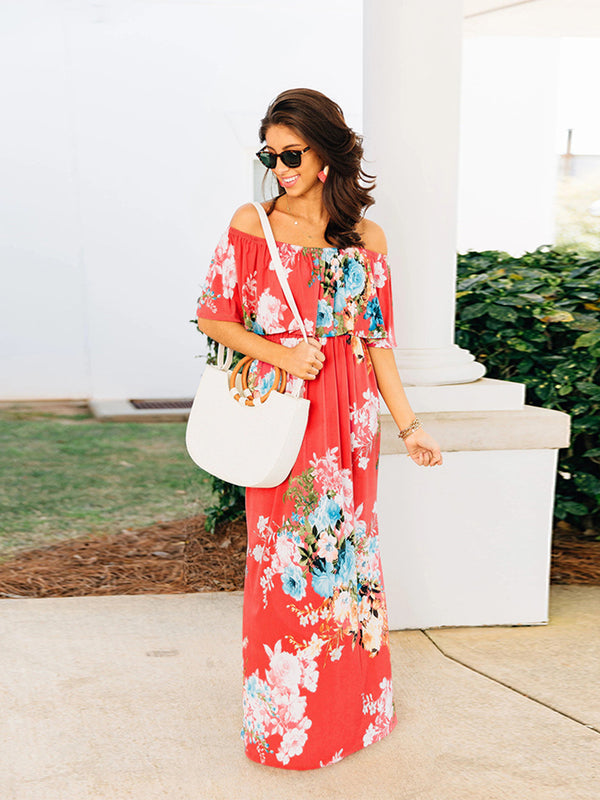 Women Floral Print Off Shoulder Maxi Dresses