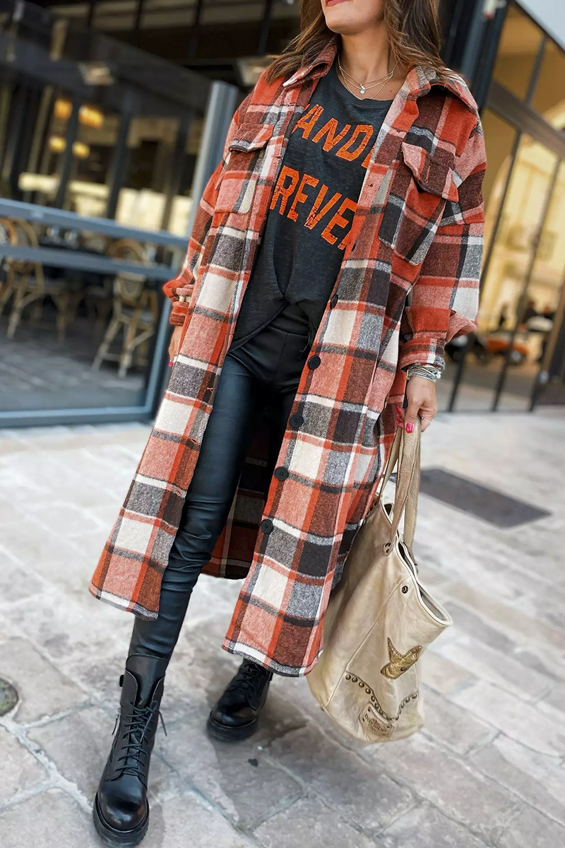 Lapel Plaid Print Woolen Long Coat