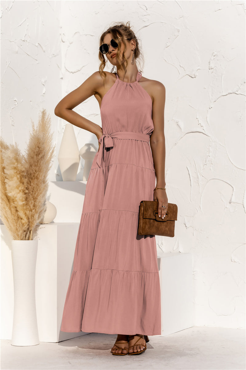 Tie Waist Round-Neck Spaghetti Strap Backless Maxi Dress