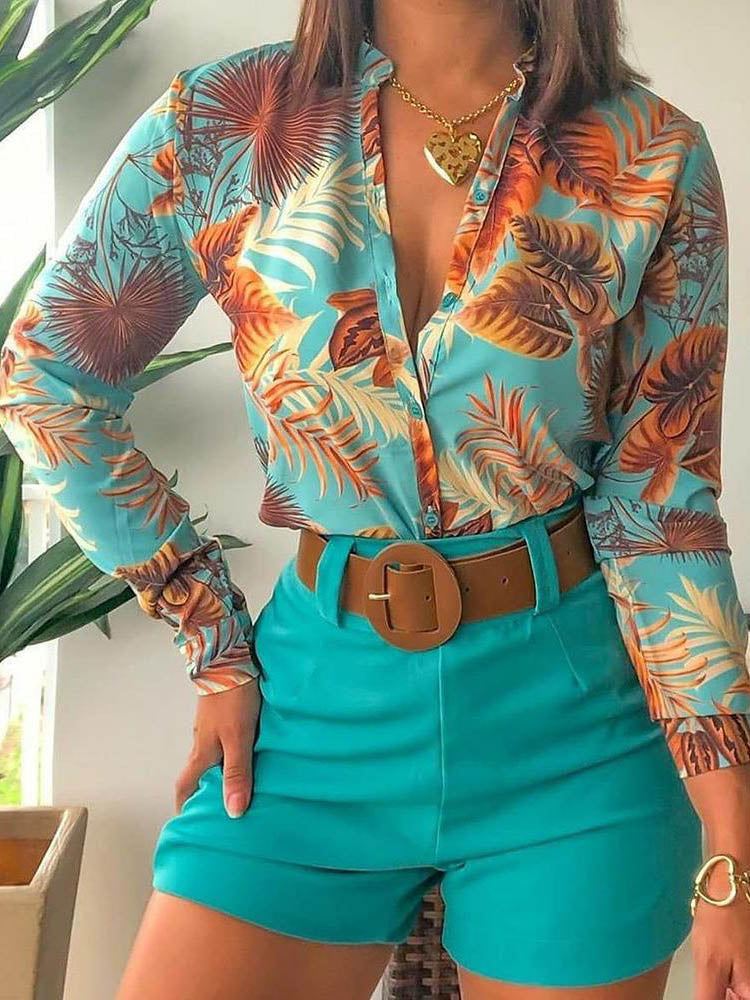 Long Sleeve Button Down Color Blouse with Mini Pants Set