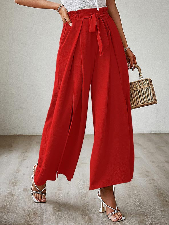 Casual Solid Waist Tie Long Wide Leg Pants