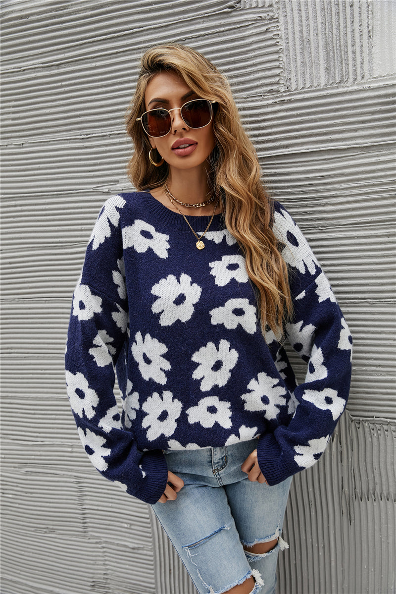 Casual Round Neck Long Sleeve Floral Sweater