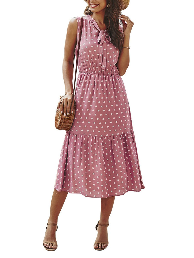 Polka Dot Tie Front V Neck Long Dress