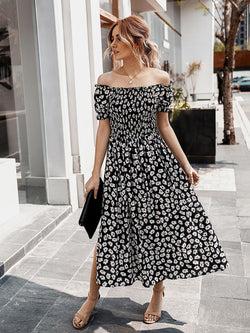 Floral Off Shoulder Split Swing Midi Dress