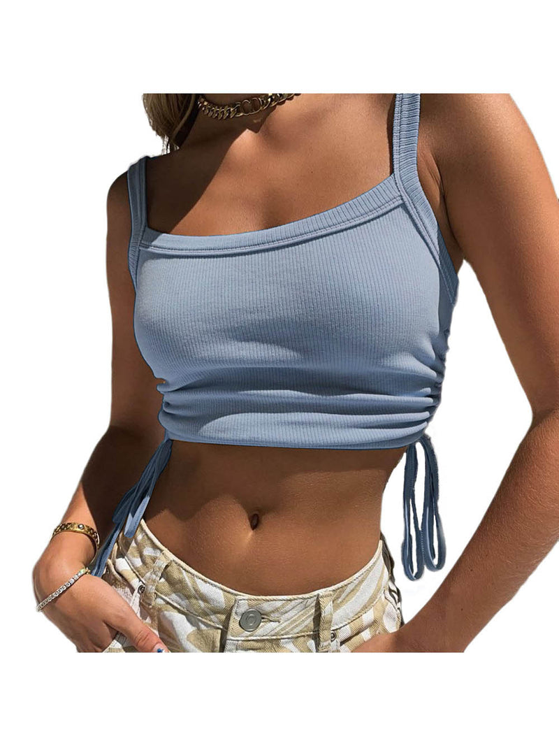 Spaghetti Strap U Neck Side Drawstring Crop Cami Top