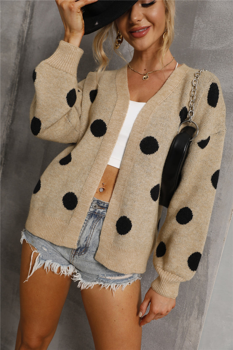 Long Sleeve Open Front Polka Dot Sweater Cardigan