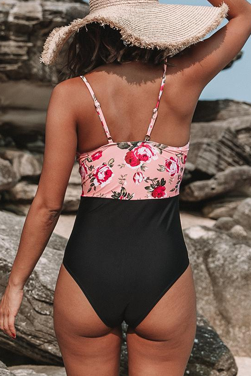 Flower Print Criss Cross Front One Piece Swimwear