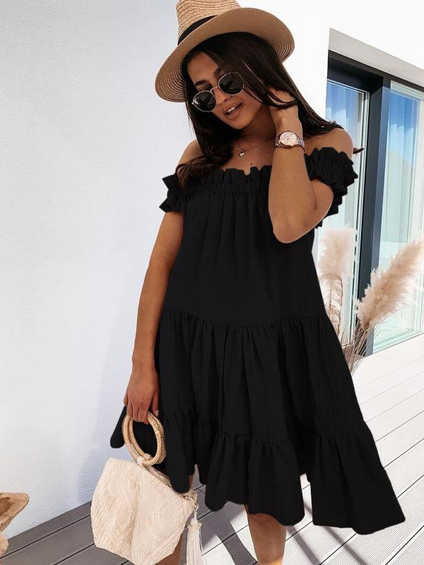 Off Shoulder Ruffle Neck Loose Midi Dress