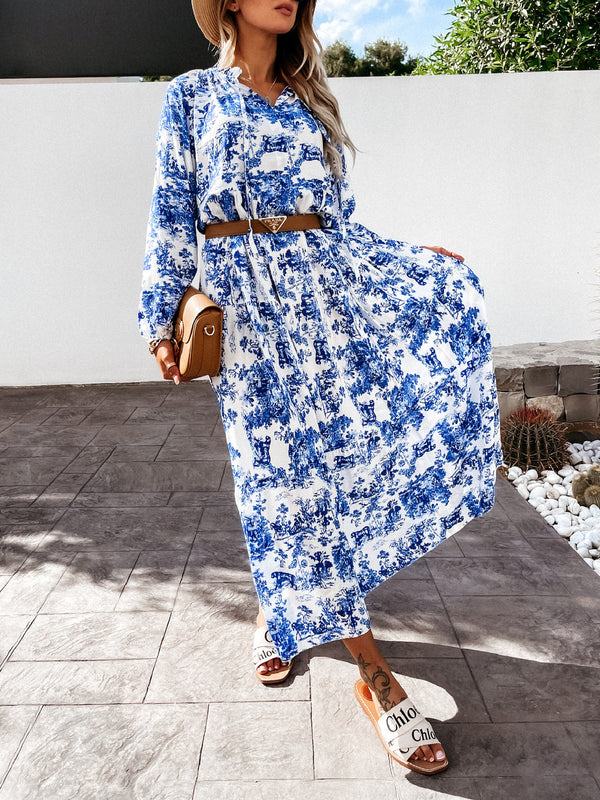 Long Sleeve V Neck Floral Loose Maxi Dress