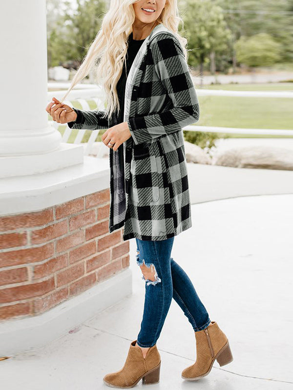 Long Sleeve Button Down Tartan Plaid Hoodie Front Pockets