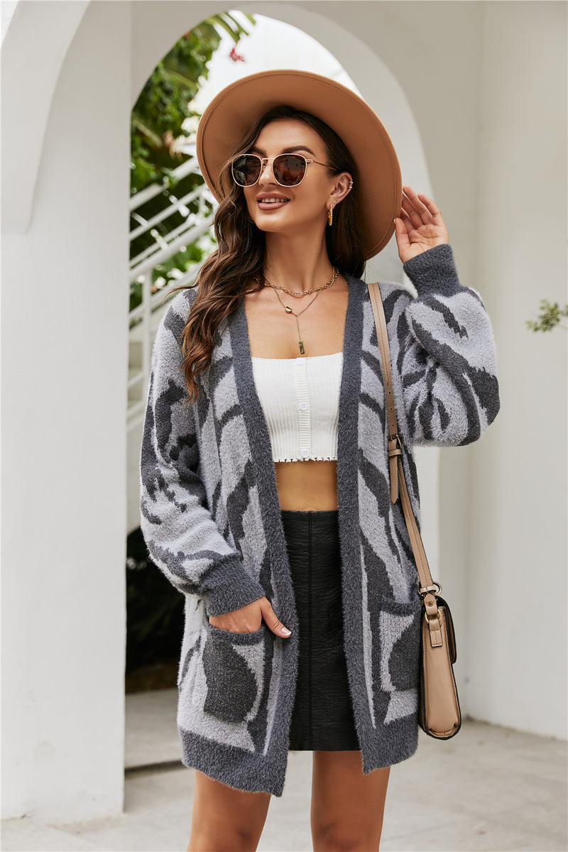 Open Front Long Sleeve Cardigan Top with Pockets