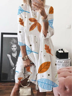 Casual 3/4 Sleeve Loose Leaf Print Round Neck Dress