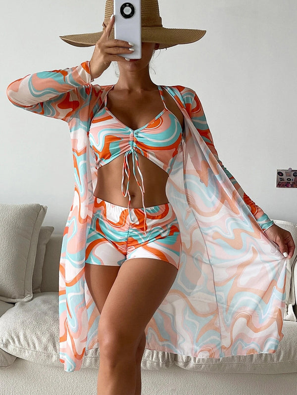 Three Piece Drawstring Printed Bikini Cover Up Swimwear Set