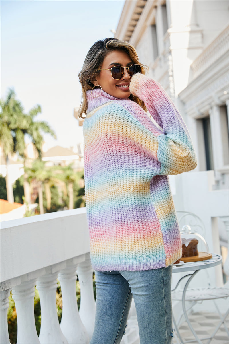 Turtle Neck Knitted Tie Dye Long Sleeve Sweater