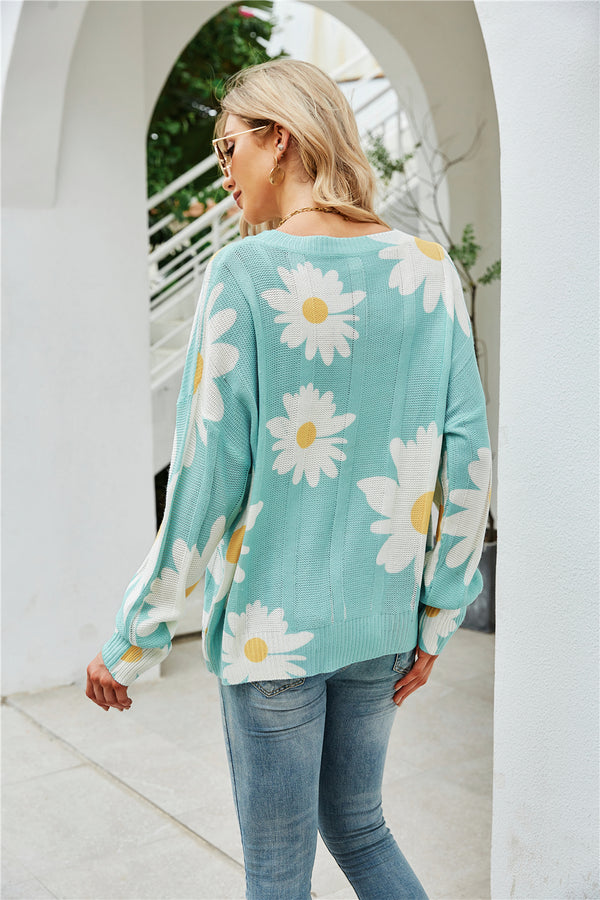 Casual Crew Neck Long Sleeve Floral Print Sweater