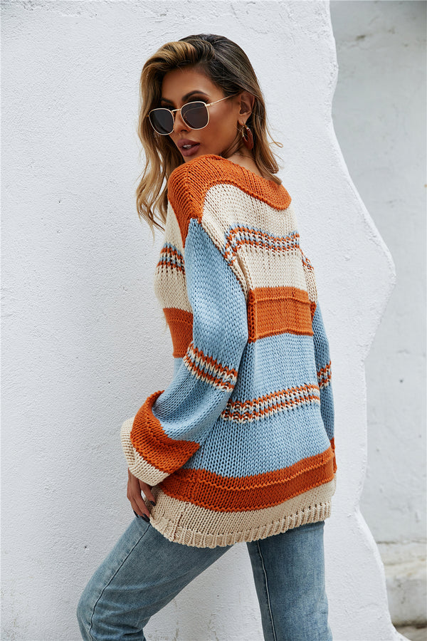 V Neck Long Sleeve Knit Color Block Sweater