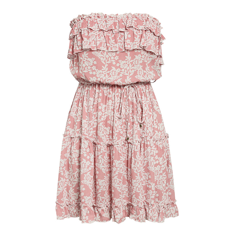 Off Shoulder Chest Wrap Floral Ruffle Mini Dress