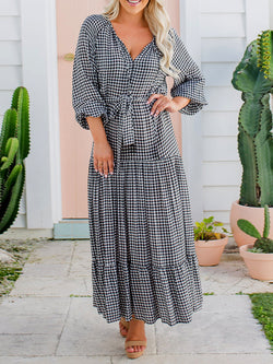 Long Sleeve Round Neck Plaid Maxi Dress