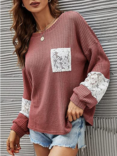 Casual Lace Pocket Round Neck Sweatshirt