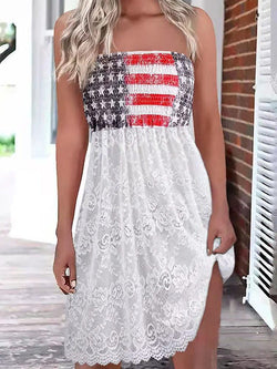 Women's Dresses Stars and Stripes Print Bandeau Lace Panel Dress