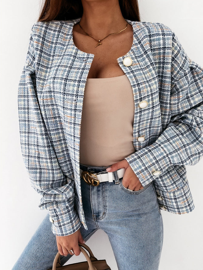 Round Neck Plaid Button Down Blouse Top