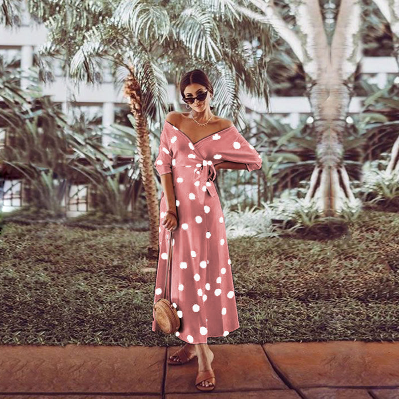 Casual Large Polka Dot V Neck Off Shoulder Maxi Dress